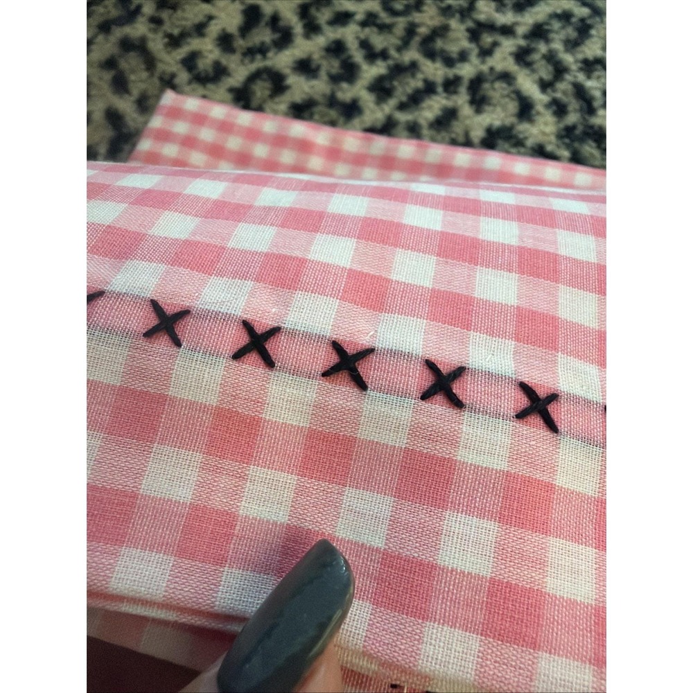 VTG Pink White Gingham Tablecloth 43x34 Cross Stitch Cottage Farmhouse Handmade
